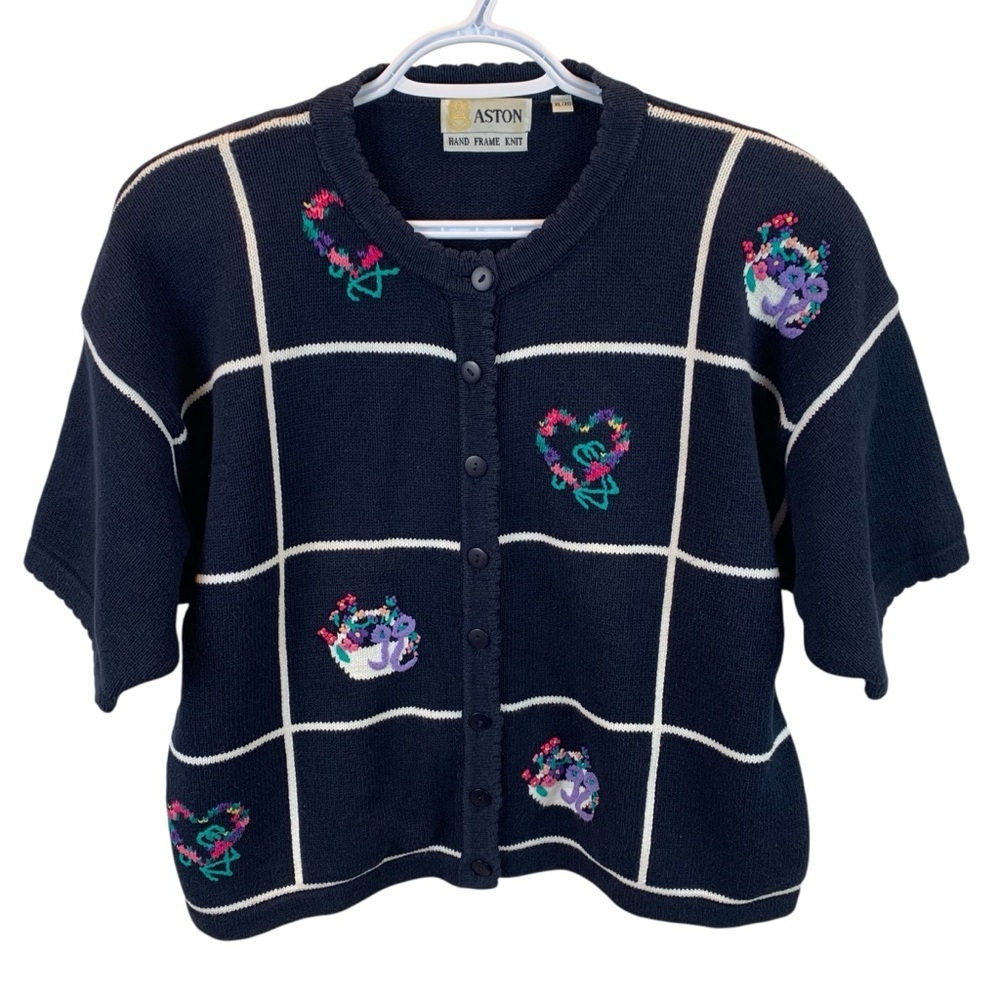 Vintage Grannycore Aston Hand Frame Knit Navy Floral Short Sleeve Cardigan XL